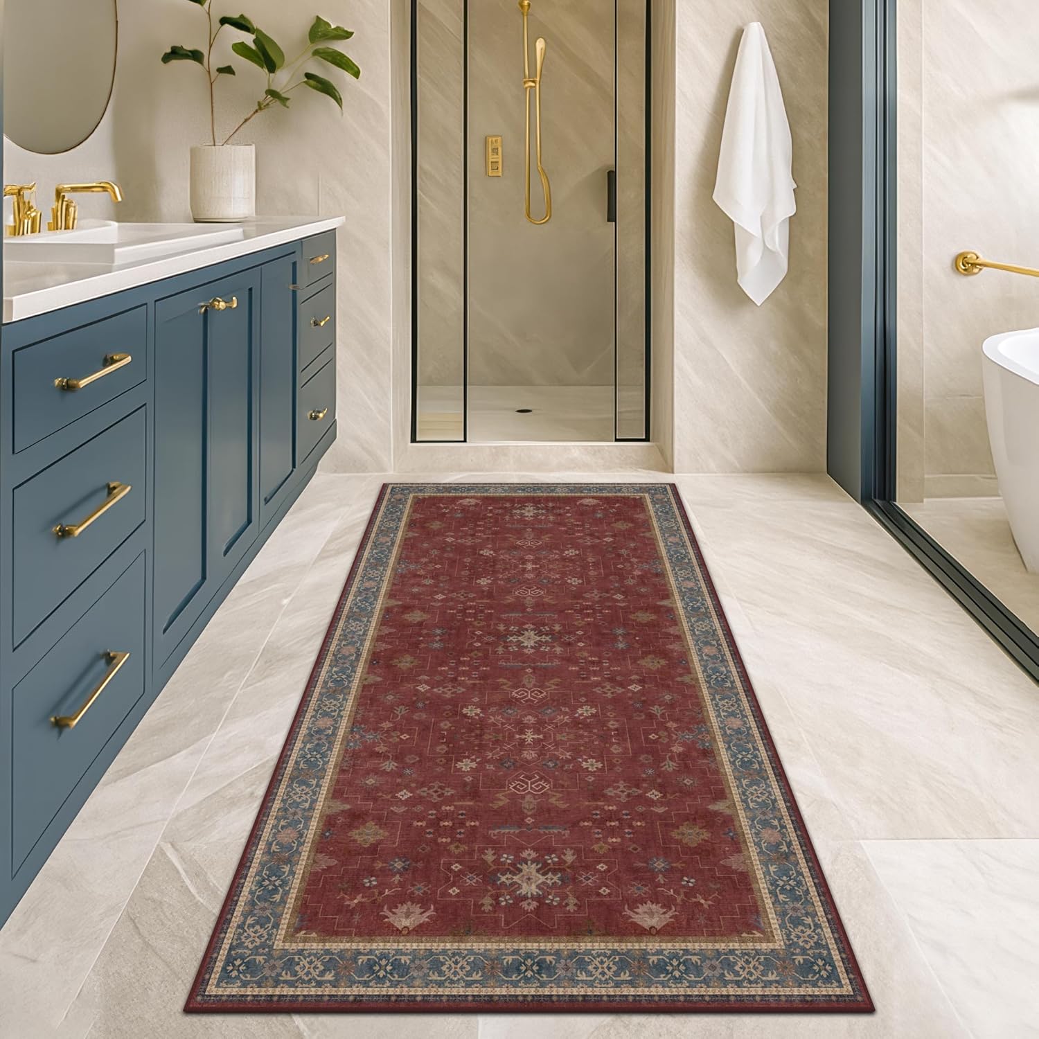 Turkish Kitchen Runner Rugs - Non-Skid Washable Design for Hallway, Bedroom & Bathroom | Dark Red