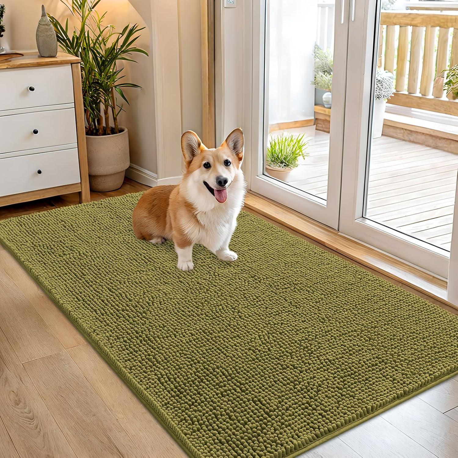 OLANLY Dog Door Mat - Absorbent Non-Slip Washable Doormat for Muddy Paws | 54x32 Inches, Willow Green