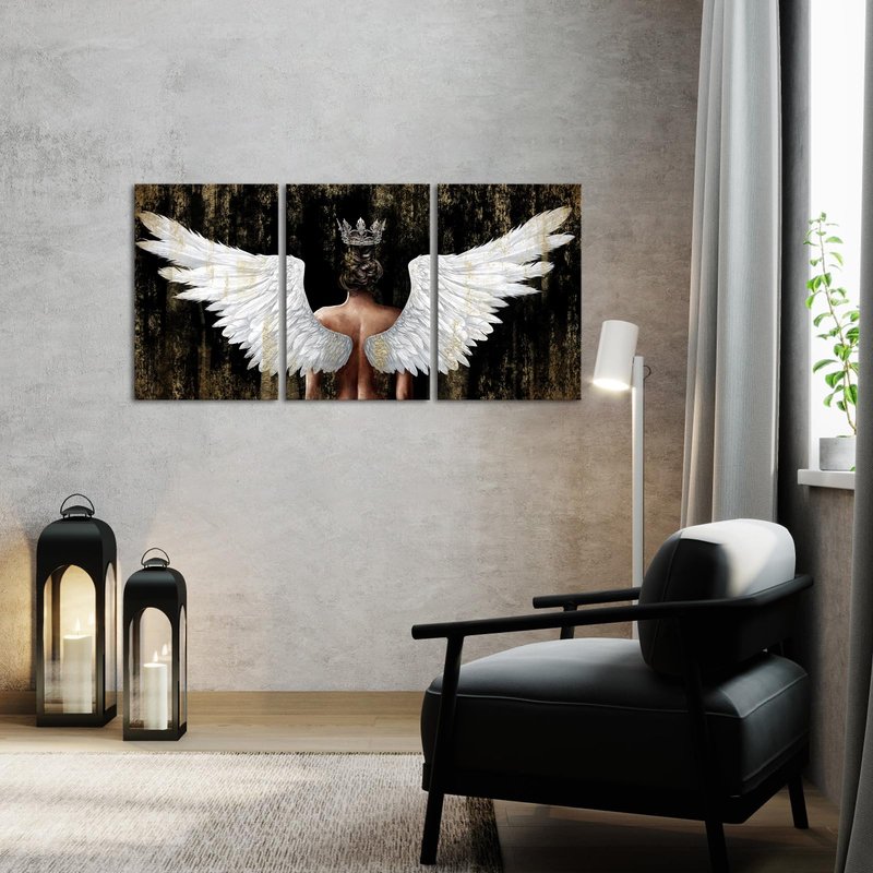 OuElegent Gold And Black Angel Wings Wall Art Canvas Prints Girl Wearing Crown Contemporary Artwork for Living Room Bedroom Decor Framed 16"x24"x3pcs (Black, Medium)