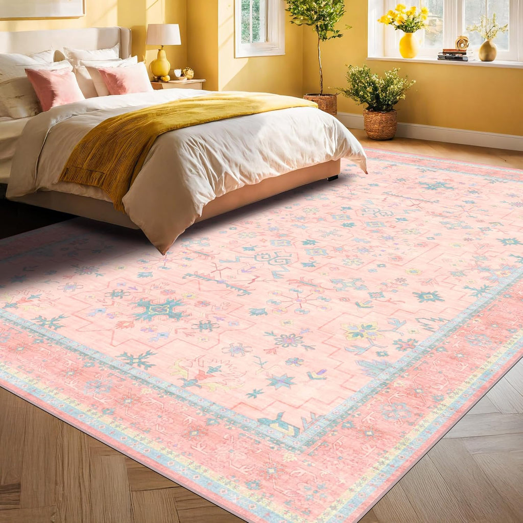 Oushak Rugs | Washable Pink & Blue 9x12 Area Rug - Soft Faux Wool, Modern Floral Design, Non-Slip