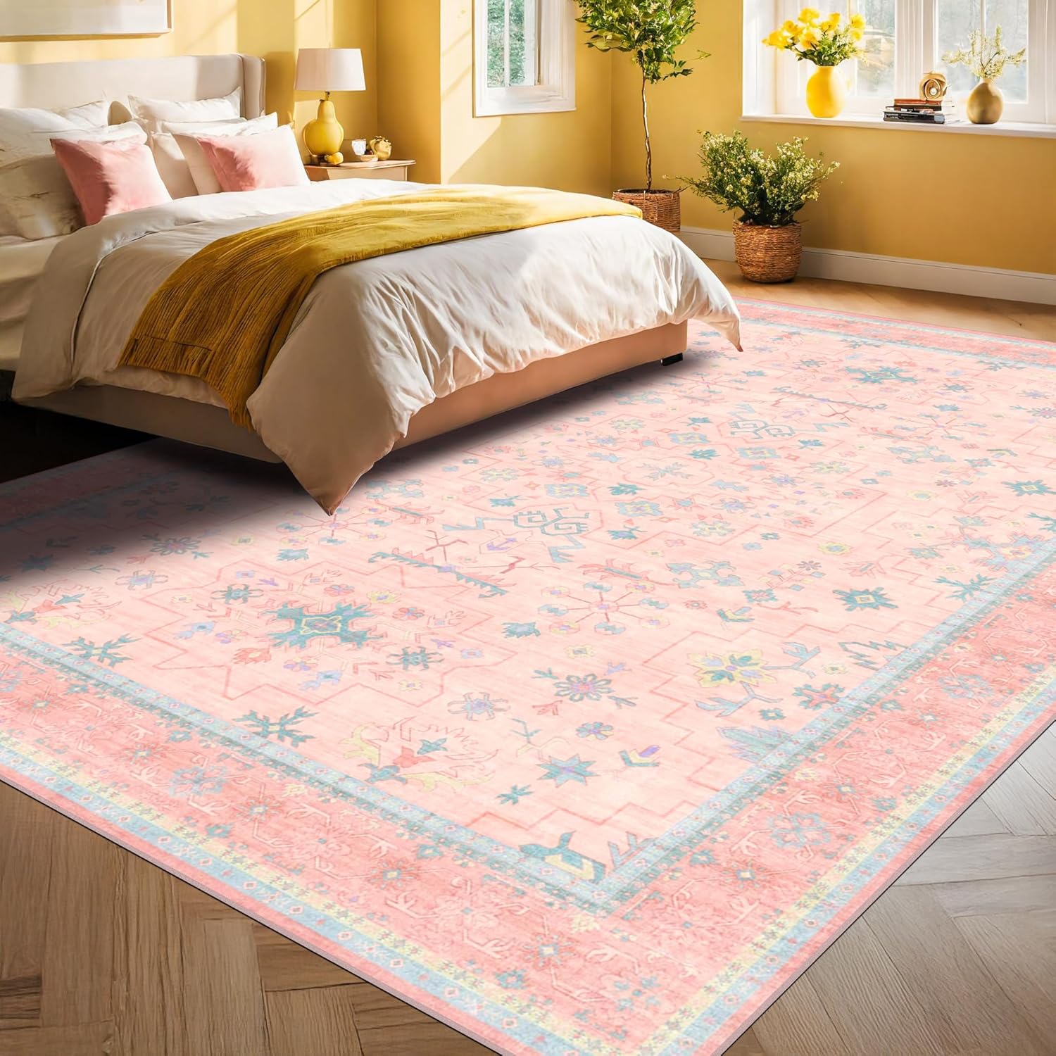 Oushak Rugs | Washable Pink & Blue 9x12 Area Rug - Soft Faux Wool, Modern Floral Design, Non-Slip