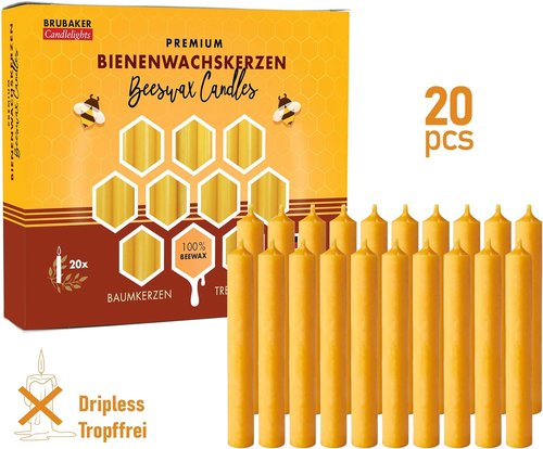 BRUBAKER 100% Beeswax Tree Candles - Honey Colored - Pack of 20 - 3¾ x ½ Inches (9.5 x 1.27cm) - European Made