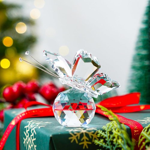 H&D Crystal Butterfly Figurine - Elegant Cut Glass Ornament with Crystal Ball Base | Clear Collectible