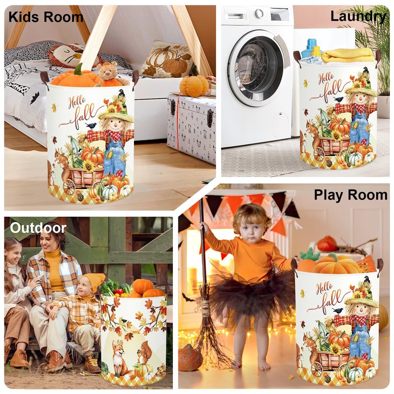 HUUMONSS Happy Thanksgiving Baby Storage Basket Pumpkin Maple Leaf Collapsible Clothes Kids Laundry Hamper Large Boys Girls Gift Toy Box Bin for Nursery Room,Scarecrow,40*50 cm