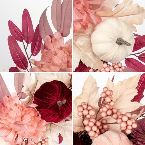 Briful 26" Artificial Fall Wreath with Velvet Pumpkins, Chrysanthemums & Pink Maple Eucalyptus Leaves – Soft Blush Autumn Wreath for Front Door, Fireplace, Wall Decor