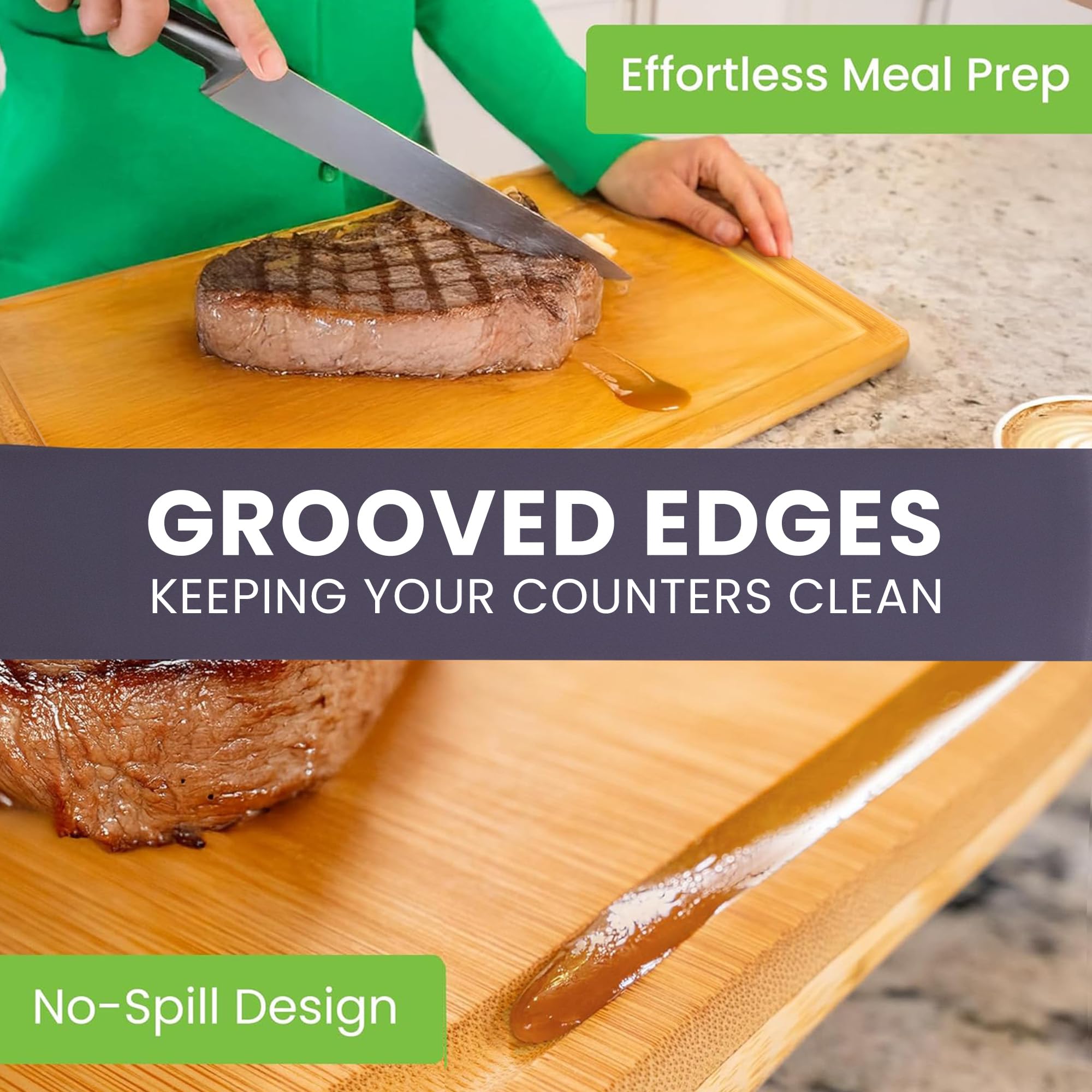 Bamboo Cutting Board – 15 Inch Wood Cutting Boards for Kitchen with Glue-Free Surface™ & Juice Groove – Non-Toxic, FSC-Certified, Durable Wooden Chopping Board - Rectangle