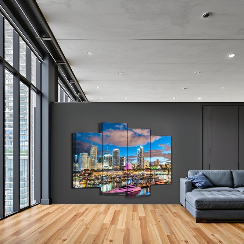 Nachic Wall 4 Pieces City Canvas Wall Art Miami Night Skyline Picture Canvas Print Florida Cityscape Poster Painting Canvas Modern Living Room Bedroom Decor Framed Ready to Hang