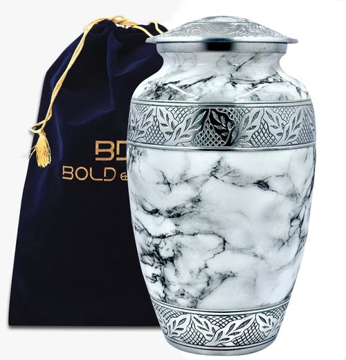 Handcrafted Urn for Ashes Adult Male and Female - Cremation Urns for Human Ashes Adult Man and Woman - Decorative Funeral Urns - Memorial Urn with White Marble Finish - Includes Velvet Bag - Large
