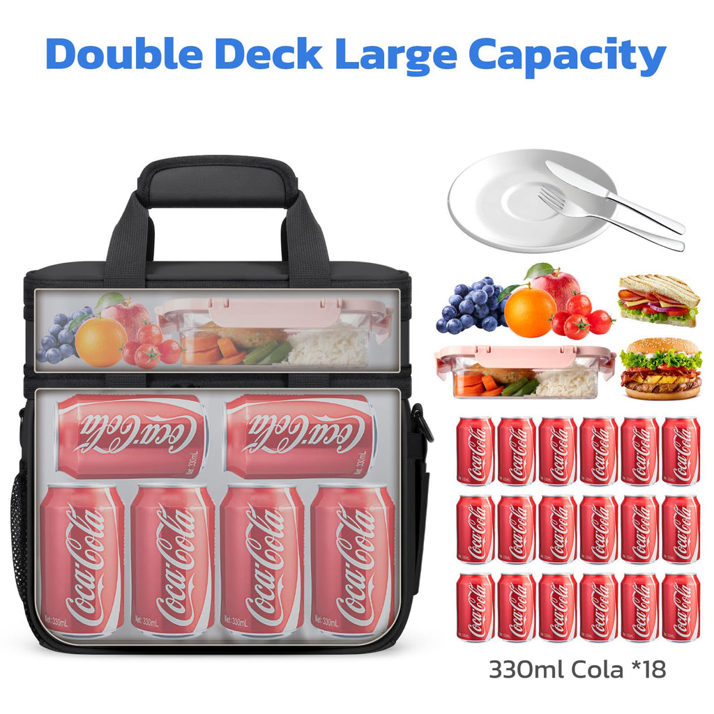 Maelstrom Lunch Box, 20L Insulated Lunch Bag for Men Women, Expandable Double Deck Leakproof Cooler Bag with 6 Pockets, Reusable Lunch Tote Bag for Work, Picnic, Travel, Black