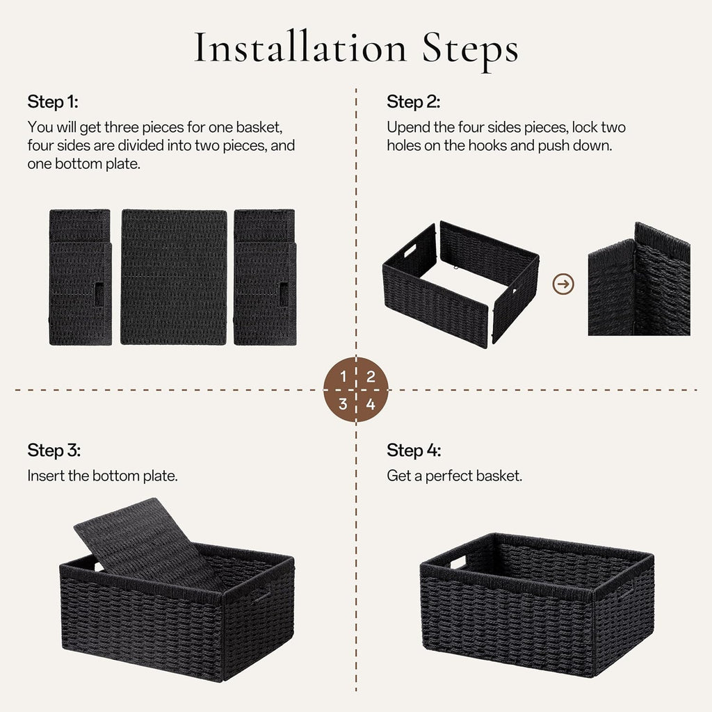 UBBCARE Wicker Storage Baskets - Foldable Rectangular Design with Handles | 2 Pack, Black, 13.4L x 8.3H x 7.1W Inches