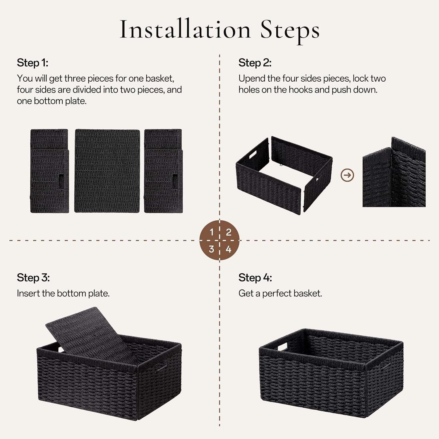 UBBCARE Wicker Storage Baskets - Foldable Rectangular Design with Handles | 2 Pack, Black, 13.4L x 8.3H x 7.1W Inches