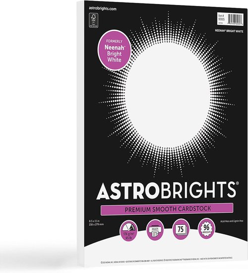 Astrobrights Bright White Cardstock - 8.5" x 11", 65 lb, 176 gsm, 75 Sheets for Vibrant Printing
