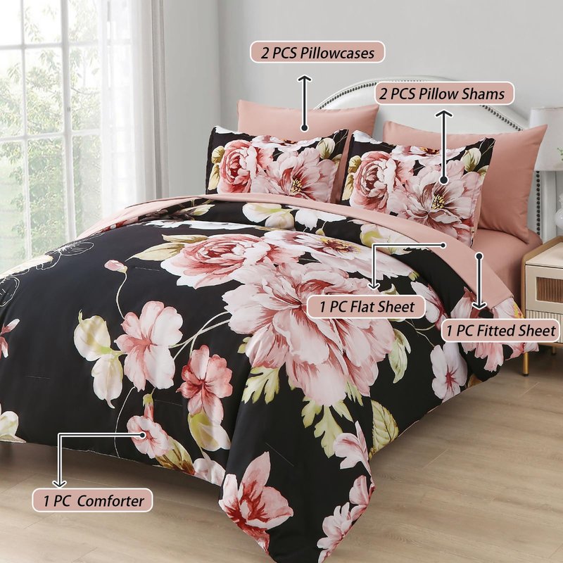 Floral Comforter Set King Size 7 Pieces Bed in a Bag,Black Flower Pattern Comforter and Sheet Set,Soft Microfiber Bedding for All Season