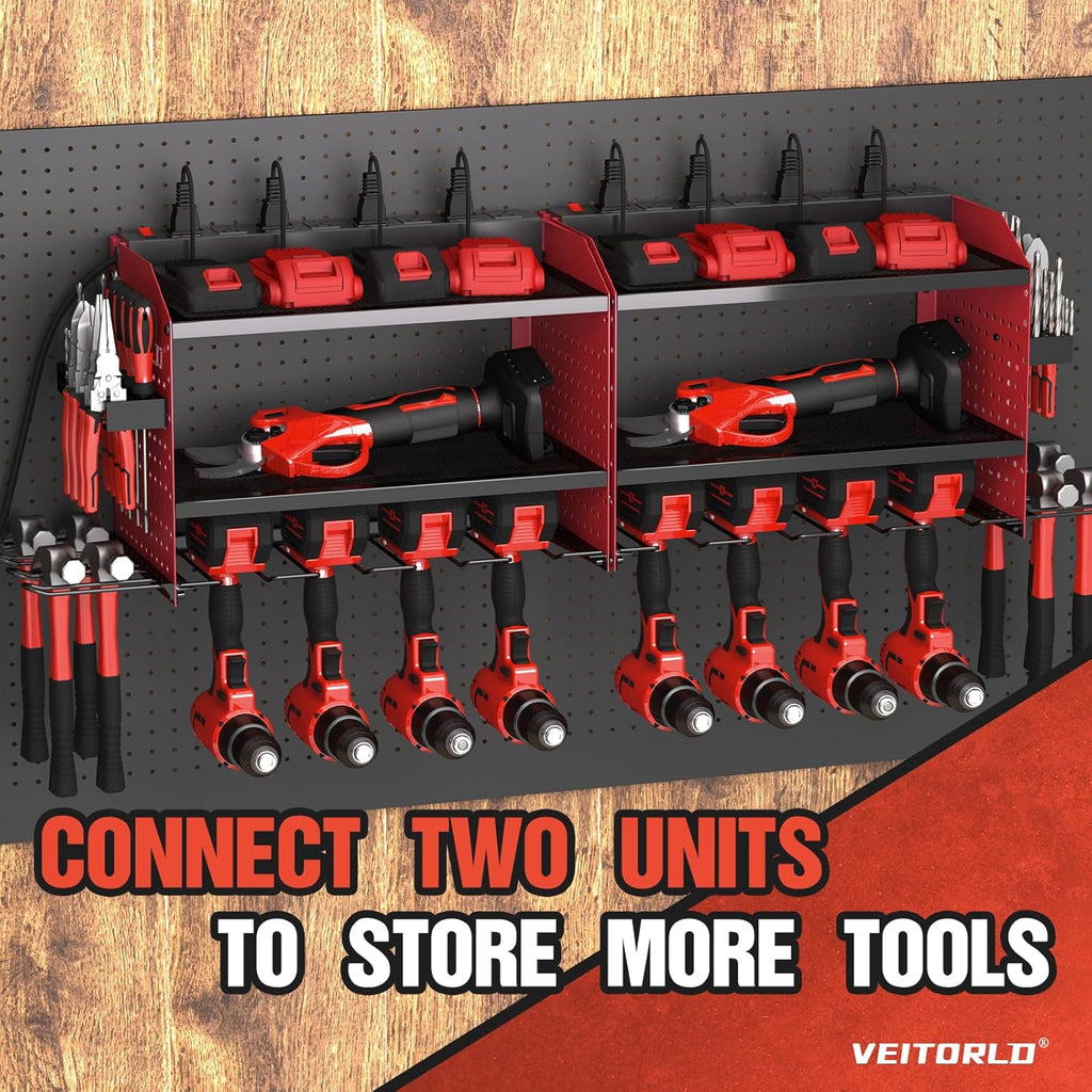 Power Tool Organizer - Heavy Duty Wall Mount Rack with Charging Station | 4 Drill Holders - Red