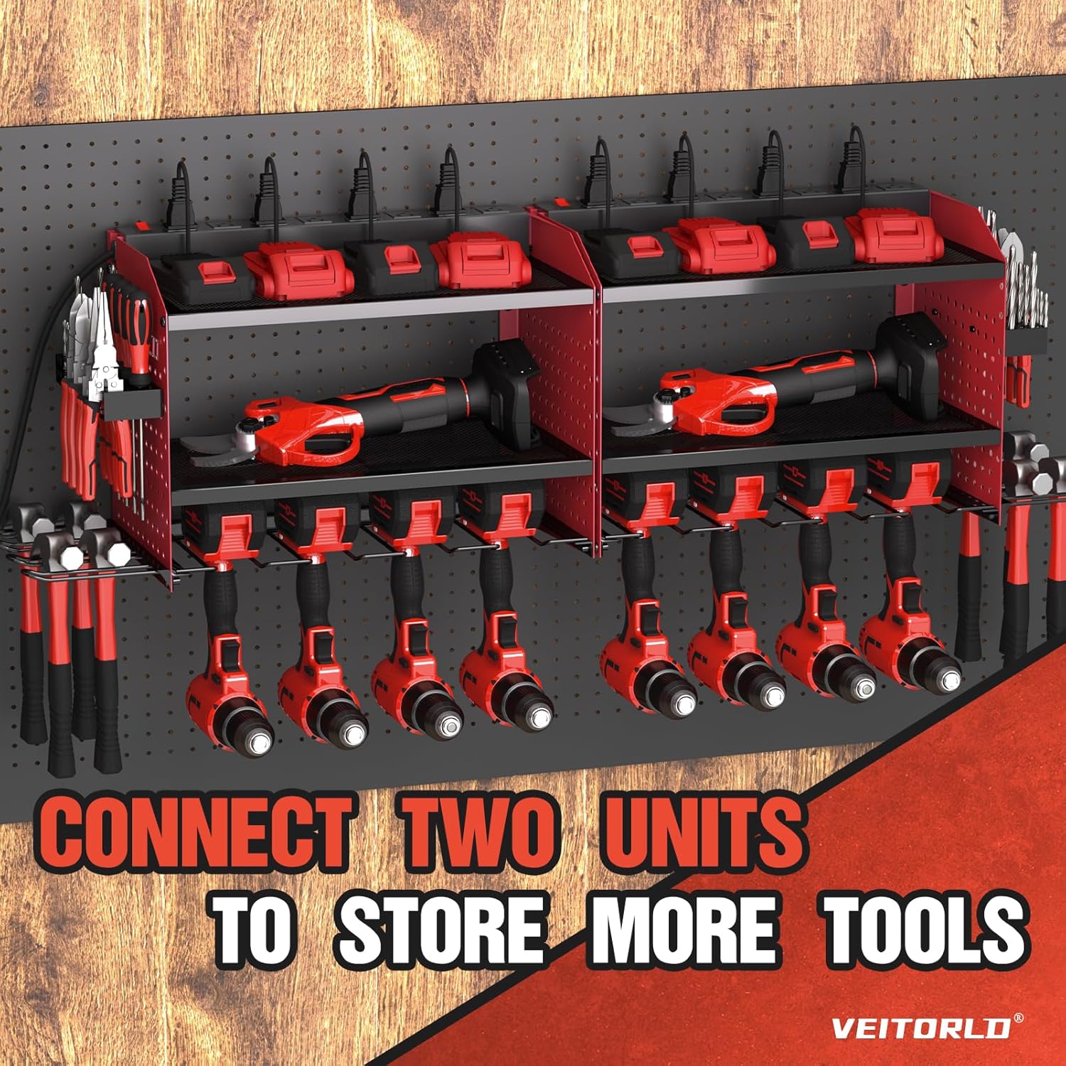 Power Tool Organizer - Heavy Duty Wall Mount Rack with Charging Station | 4 Drill Holders - Red