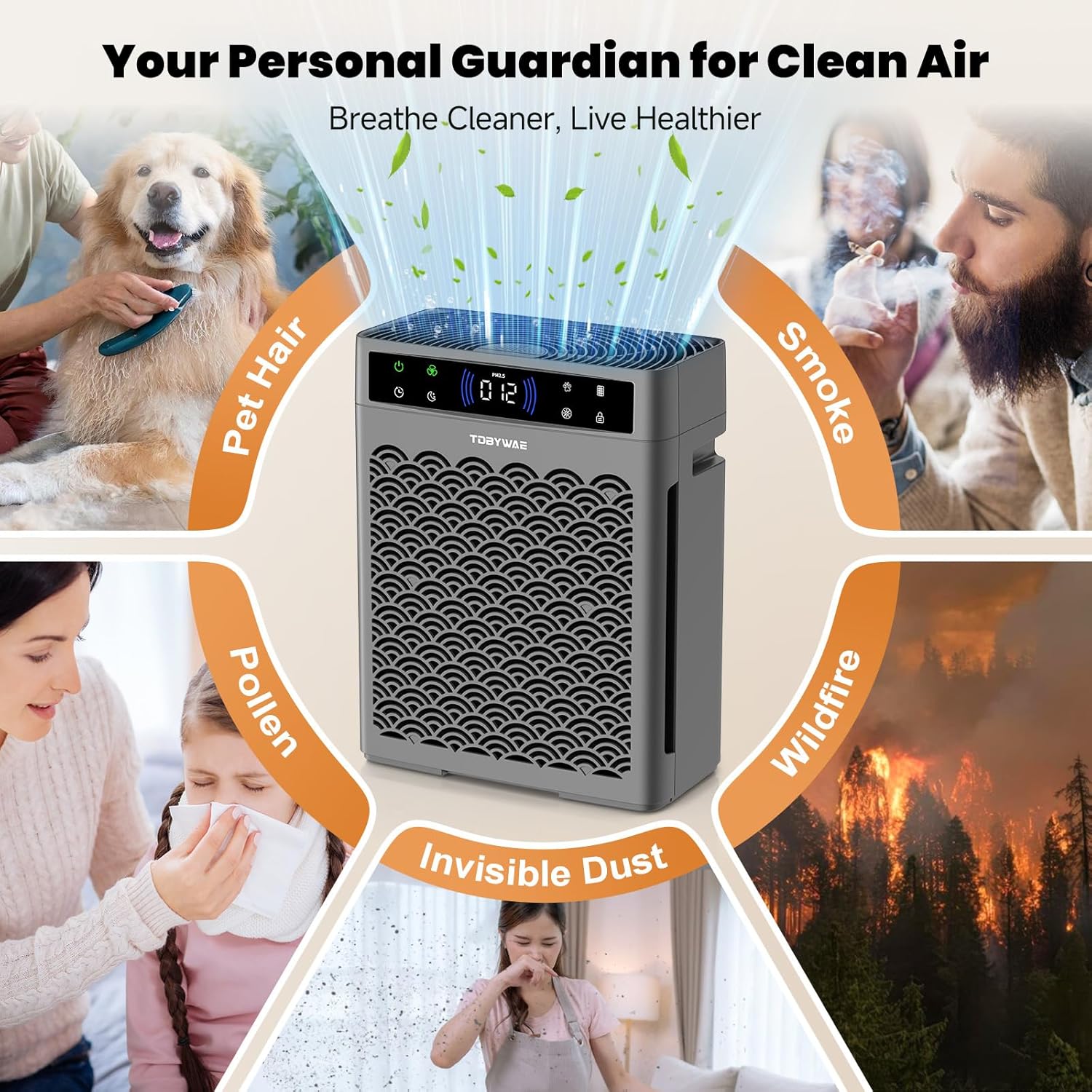 Air Purifiers - HEPA Filter Air Purifier with Air Quality Monitor & Timer for Large Rooms Up to 3000 Ft² - Grey