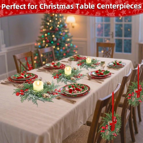 Flocked Mini Christmas Wreath Candle Rings by [Brand Name] - 6 Pack of 9"x3.5" Snowy Cypress Decor with 20 Branches, 21 Red Berries & 3 Pinecones