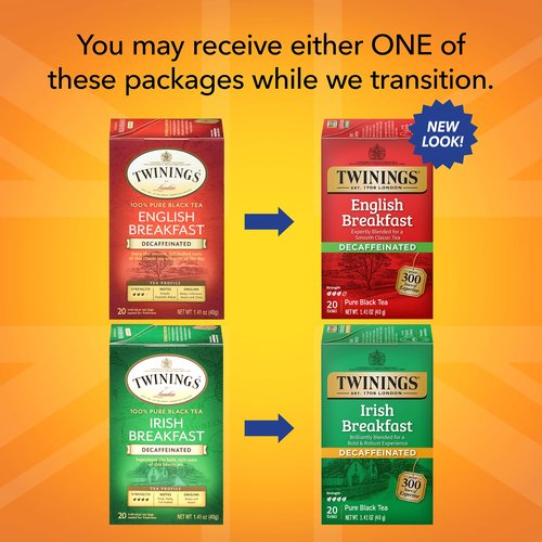 Twinings Decaffeinated English Breakfast Black Tea Bags, 20 Count (Pack of 6) + Decaffeinated Irish Breakfast Black Tea Bags, 20 Count (Pack of 6)