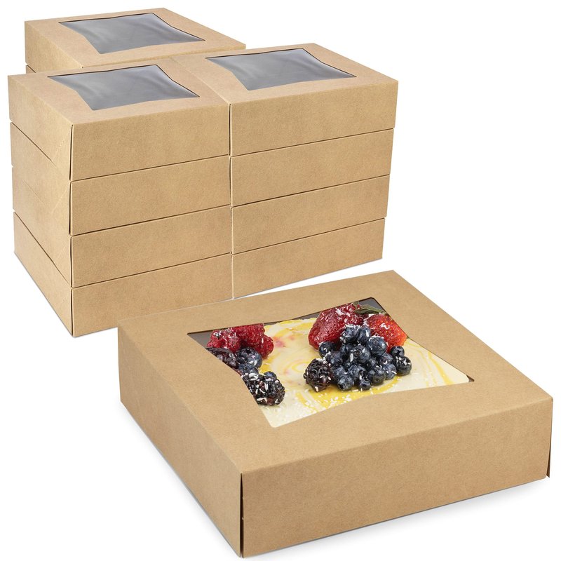 Fit Meal Prep 25 Pack 9 x 9 x 2.5 Inches Pie Boxes with Window, Square Kraft Pastry Boxes, Auto Pop-up Brown Boxes for Cookies, Cakes, Muffins, Dessert