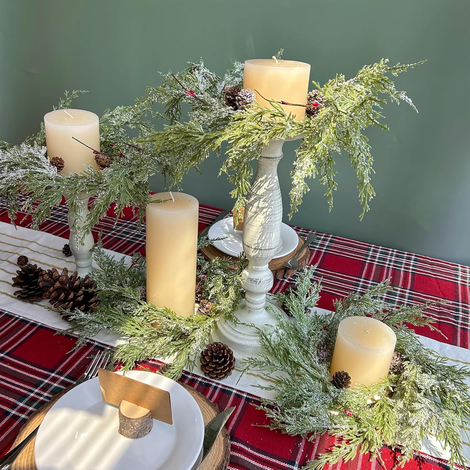 Winlyn Artificial Snowy Cedar Pine Candle Rings - 4 Pcs Winter Wreaths with Pine Cones & Red Berries | 15.7" Wide for Holiday Décor