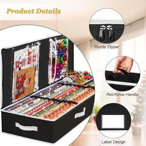 Criusia Gift Wrapping Paper Organizer - Durable Underbed Storage for 24 Rolls with Removable Dividers & Pockets | Black