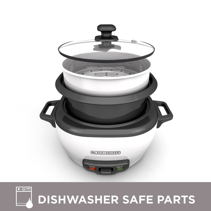 BLACK+DECKER Rice Cooker 6-Cup (Cooked) with Steaming Basket, Removable Non-Stick Bowl, White