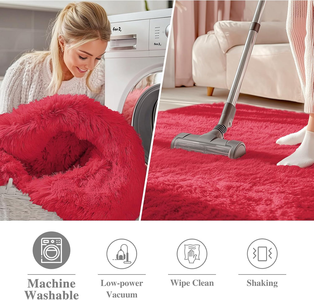 OLANLY Red Round Area Rug - Soft, Fluffy, Machine Washable 9 ft Circle Carpet for Bedroom & Living Room
