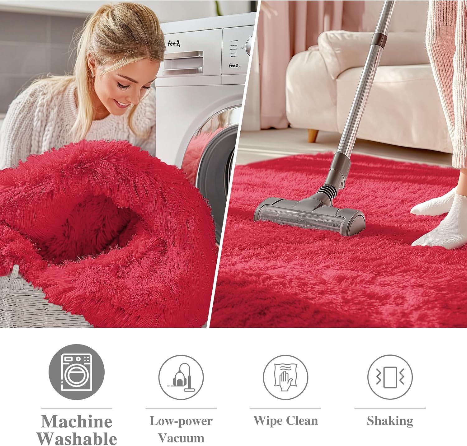 OLANLY Red Round Area Rug - Soft, Fluffy, Machine Washable 6 ft Circle Carpet for Bedrooms & Nurseries