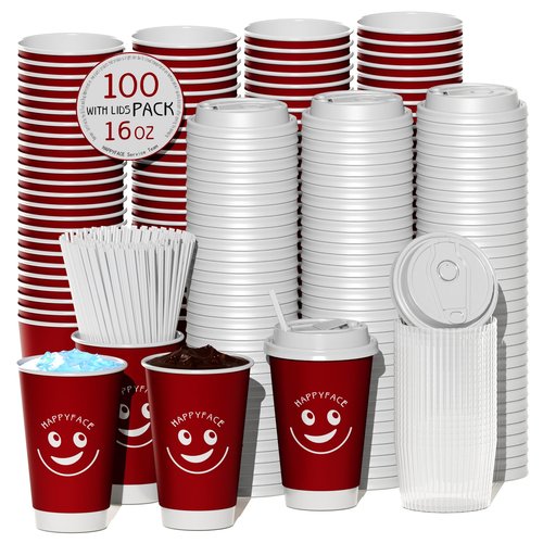 HAPPYFACE 100 Pack, 16 oz Disposable Coffee Cups, Double Wall, Cold or Hot Drink Cups, with Lids, Sleeves, Stirring Straws, Suitable for Home and Party
