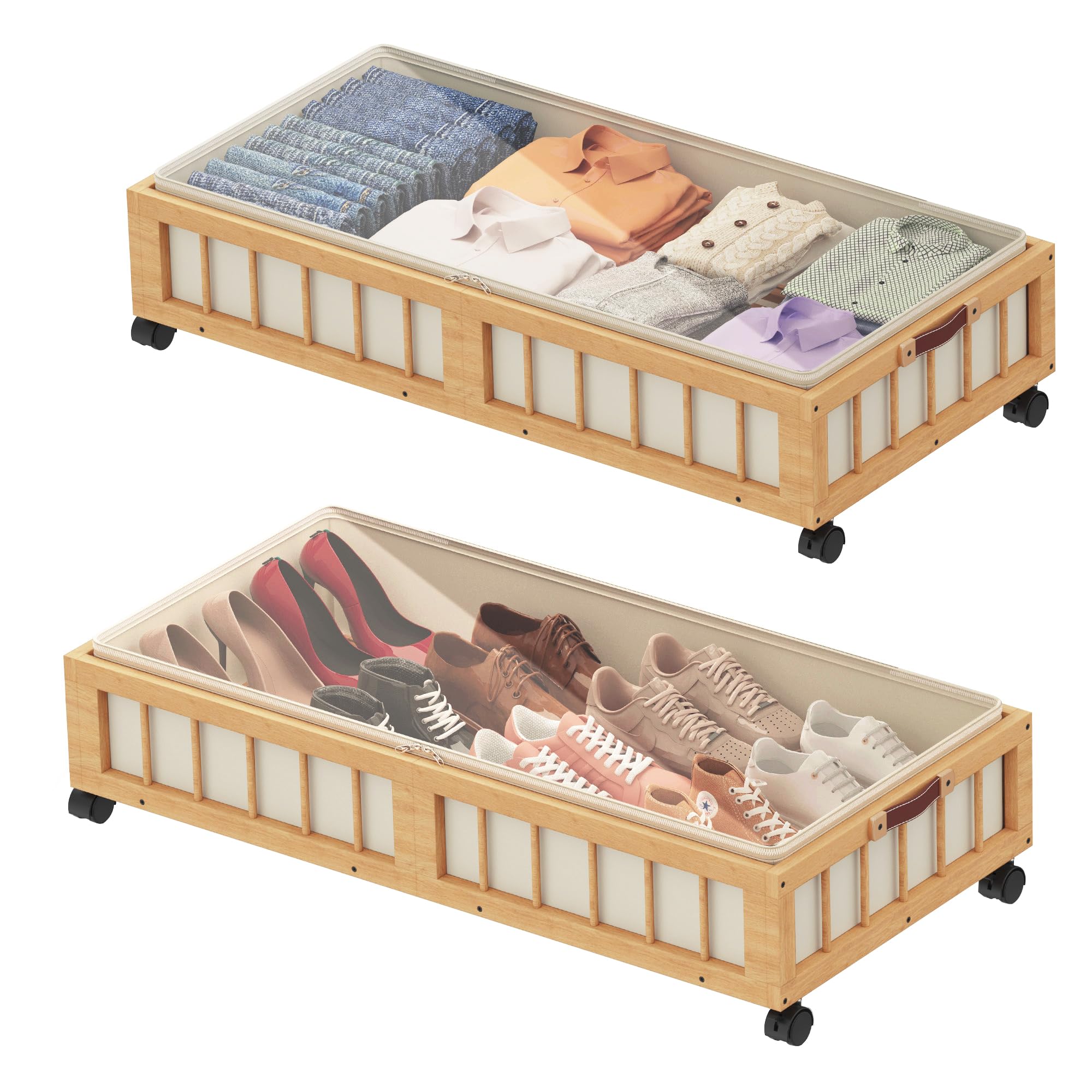 efluky 2-Pack Bamboo Under Bed Storage with Wheels, Rolling UnderBed Storage Basket with Large Dust Bag, Under Bed Storage Containers for Bedroom, Dorm and Basement, Nature