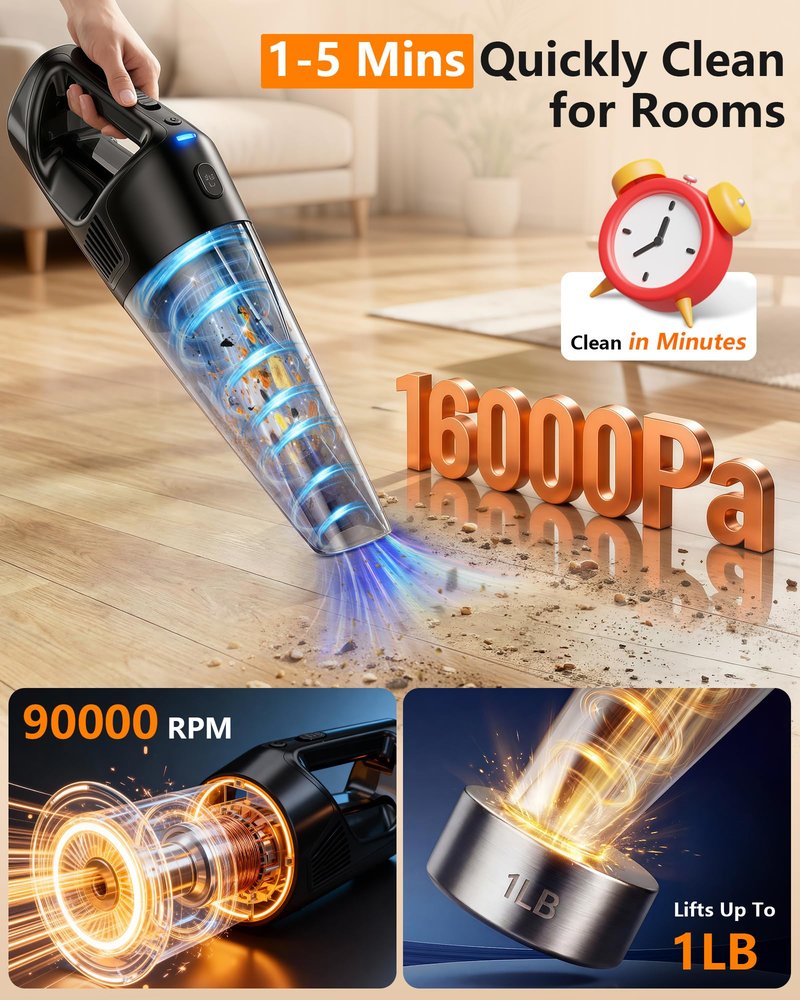 Handheld Vacuum Cordless Rechargeable with Charging Dock - 16000Pa Ultra-Strong Suction, Portable & Lightweight, Fast Charging, LED Light, 1000ML Super-Large Dust Cup, Long Battery Life for Home