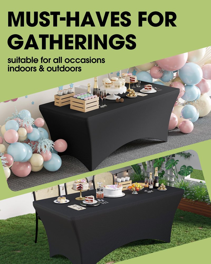 Pureegg Spandex Tablecloth 6ft - 6 Pack, Fitted and Stretch Table Cover for Rectangle Tables, Wrinkle-Resistant and Secure Fabric for Outdoor, Picnic, Party, Wedding, Banquet and Birthday, Black