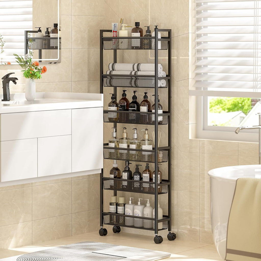 ThreeHio 6-Tier Slim Storage Cart - Mobile Metal Shelving Unit with Wheels for Kitchen & Narrow Spaces | Black, 6in Width