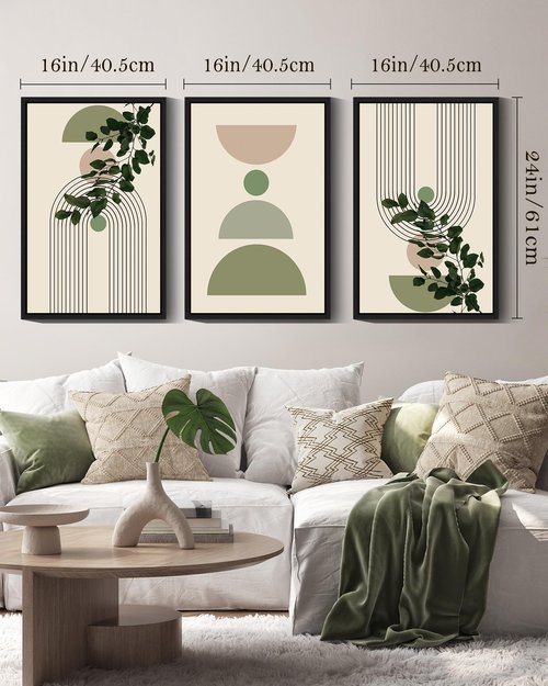 Drsoum 16x24in Green Botanical Boho Wall Decor Framed Modern Sage Bohemian Wall Art Abstract Geometry Canvas Prints Ready to Hang Black Framed