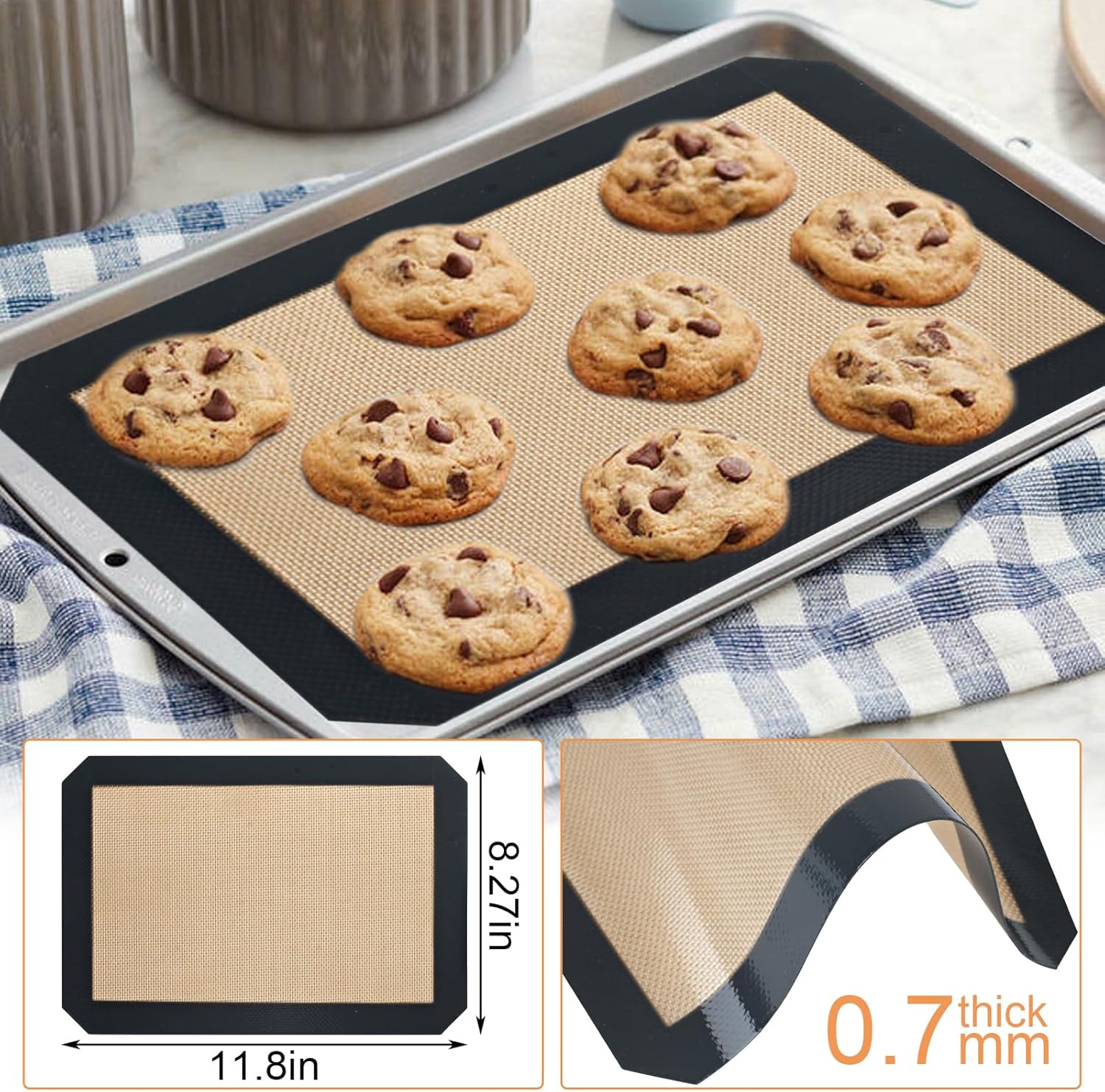 Silicone Baking Mat | 2-Pack Reusable Non-Stick Food Safe Mats for Cookies & Bread (11.8"L x 8.3"W)