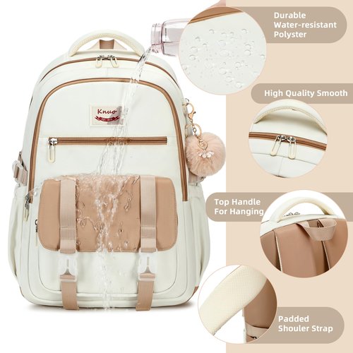 School Backpack for Teen Girls College Backpacks for Women Students Bookbag Large 15.6 Inch Laptop Bags Kids Kindergarten Elementary Middle School Bag Anti Theft Daypack Travel Back Pack Beige