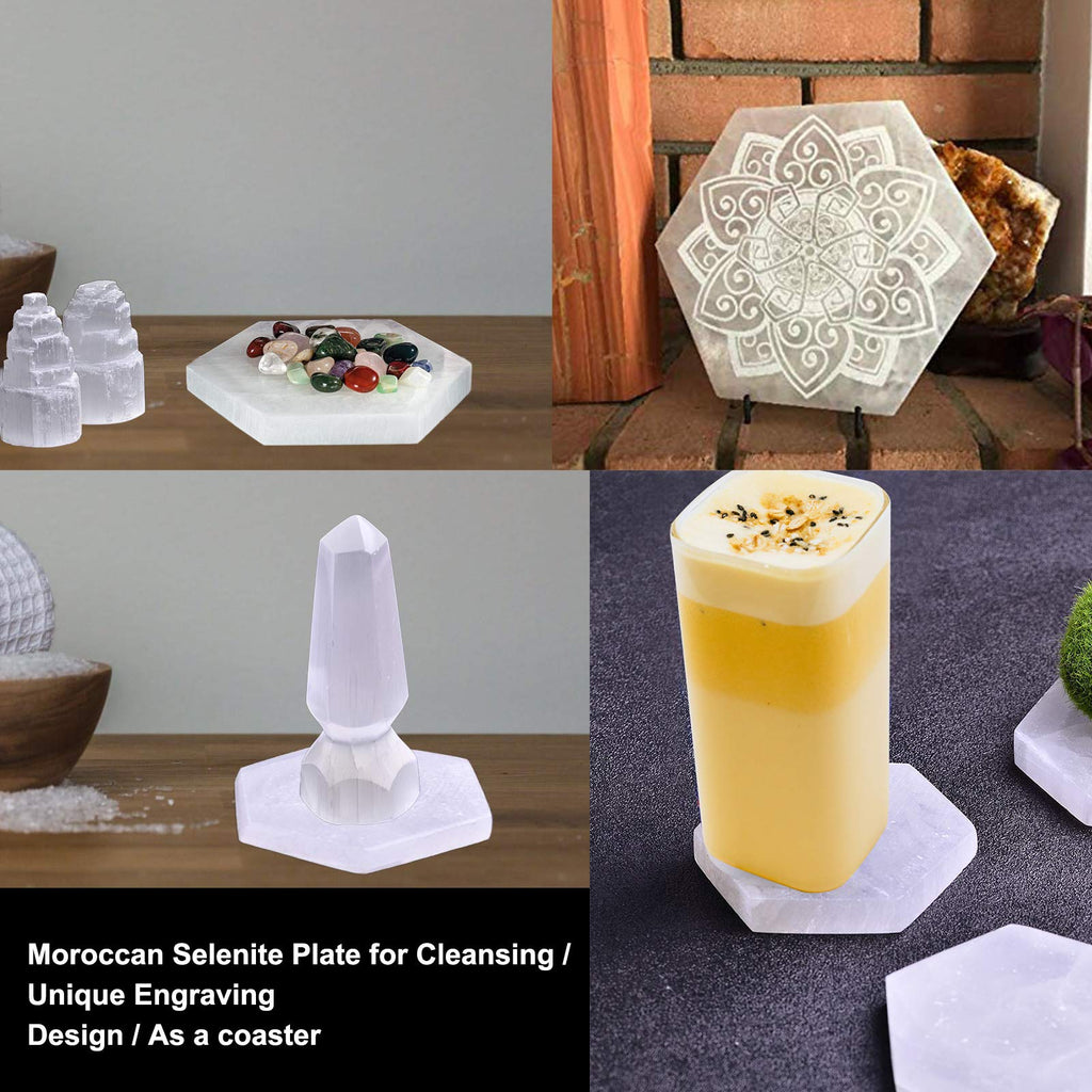 AMOYSTONE 4Pcs Small Hexagon Moroccan Selenite Coasters & Reiki Charging Station Flat Crystal Plate/Tray for Chakra Balance, Crystal Healing