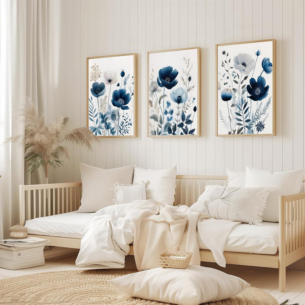 Skiennix 3Pcs Flower Canvas Wall Art - Navy Blue Wildflower Watercolor Prints | Modern Boho Decor 16x24in