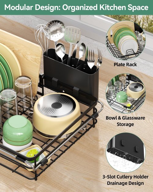 CosyPic Expandable in Sink Dish Drying Rack - Adjustable Capacity (11.1''-18.43 ''L) Over Sink Dish Drainer Drying Rack for Kitchen Counter, Dish Rack with Utensil Holder