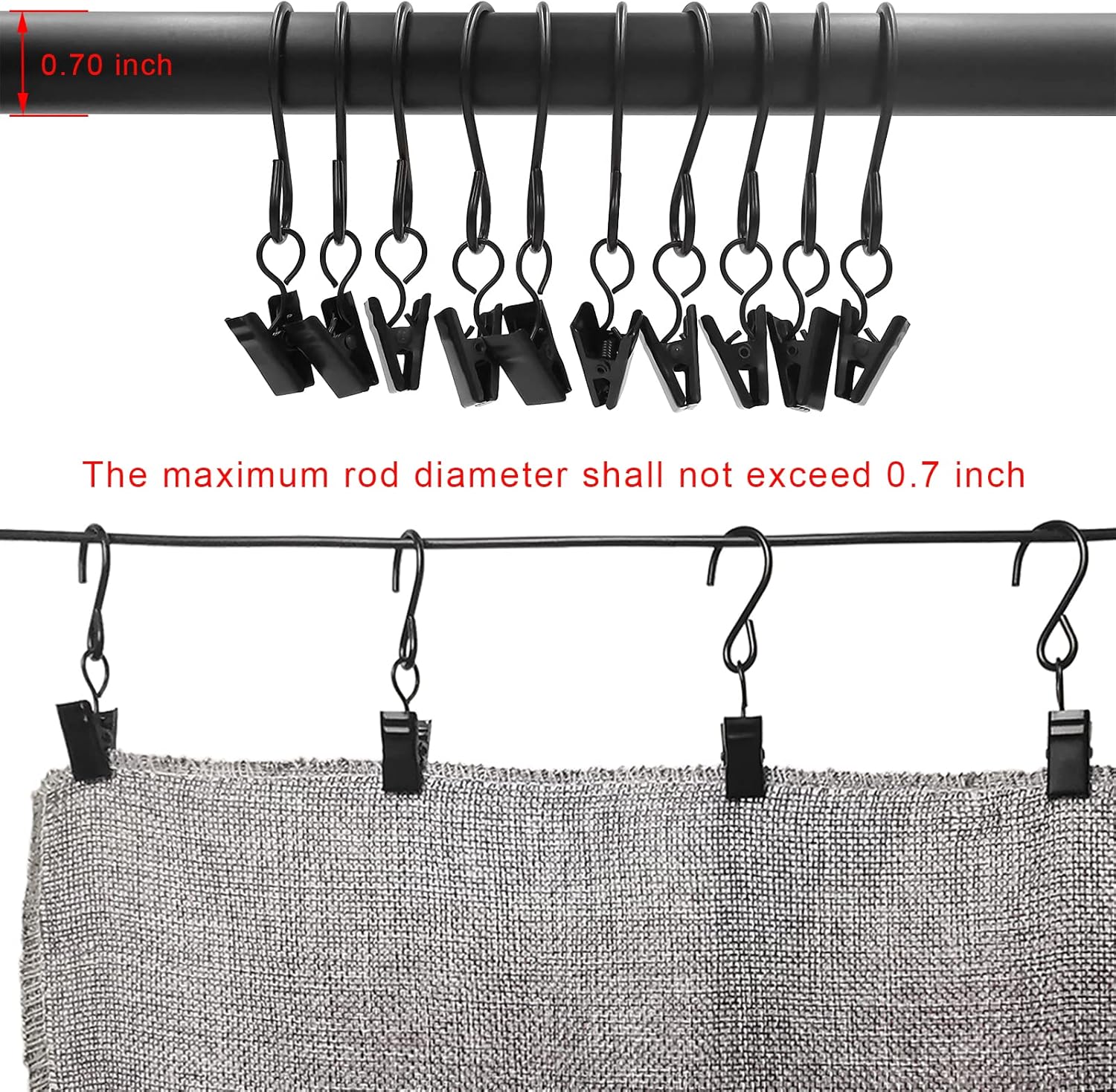 Stainless Steel S Hooks - 50 Pack Curtain Clips for Hanging Lights & Art Displays | 3 Inch, Black