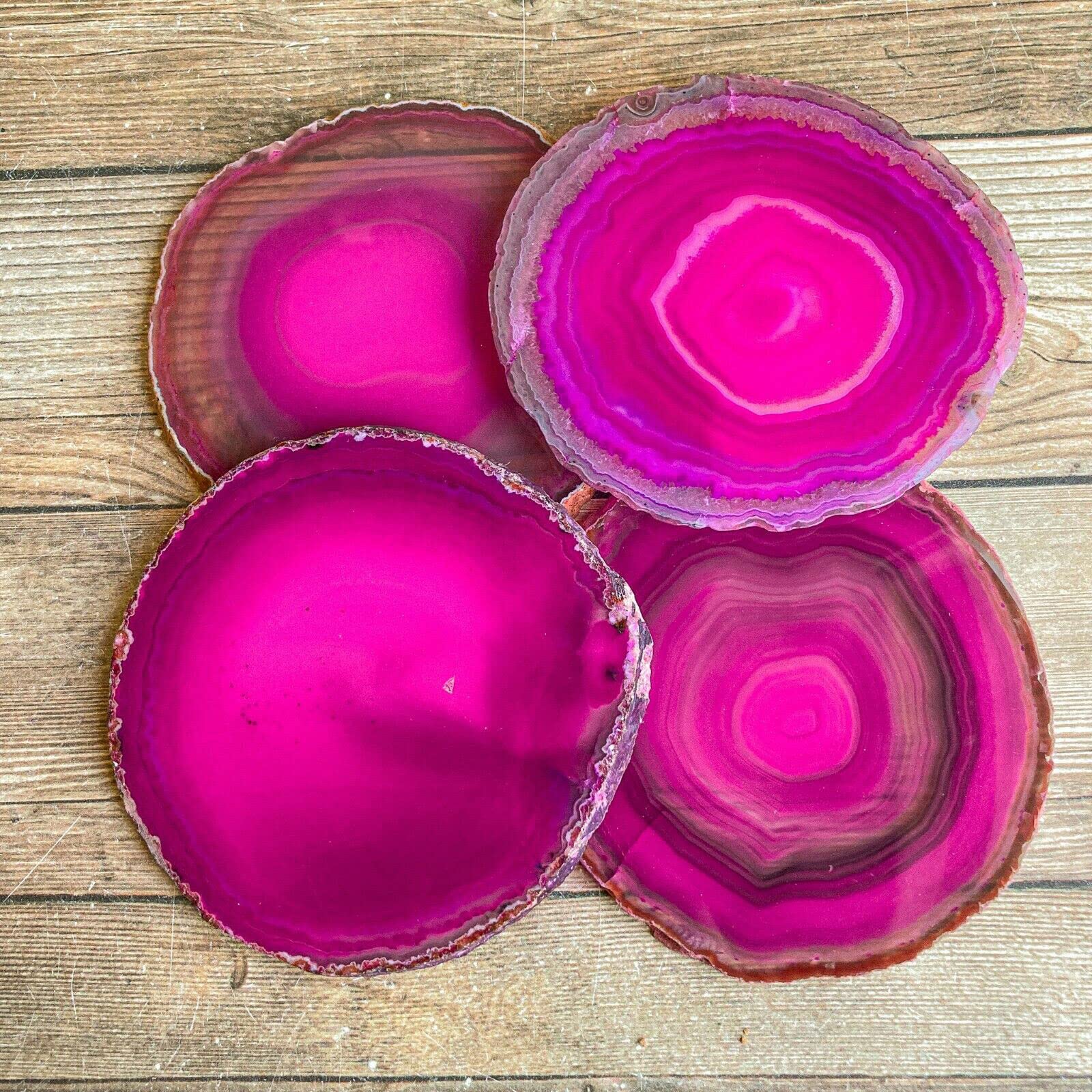 AMOYSTONE Pink Agate Slice Coasters Large 4-5 INCH, Set of 4 Natural Stone Cup Mat with Rubber Bumpers, Home Decor