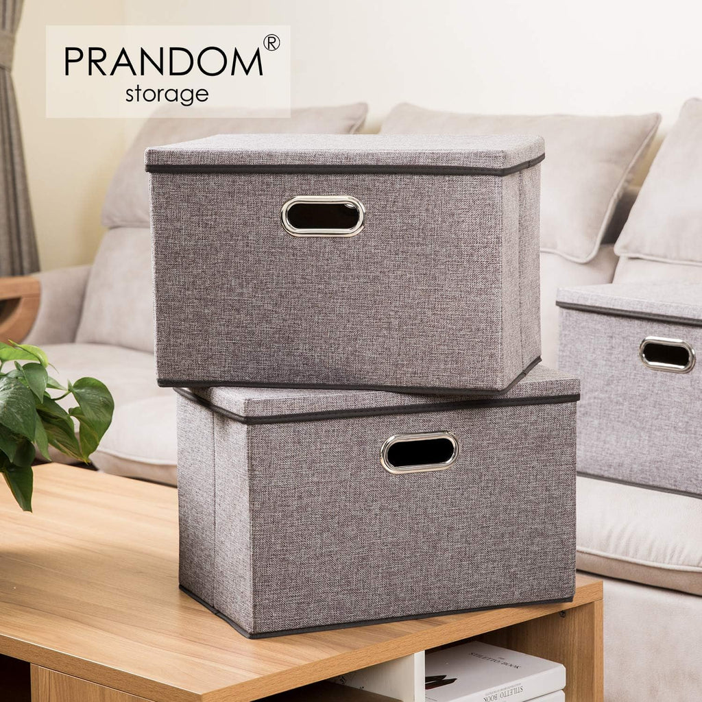 PRANDOM Large Collapsible Storage Bins - 3-Pack Linen/Cotton Blend Organizers for Home & Office (17.7"x11.8"x11.8")