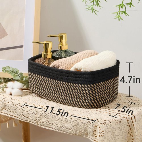 MiniArk Small Storage Baskets - Organizing Closet Bins | Woven Rope Toy Baskets | 3-Pack Black Brown | 11.5x7.5x4.7”