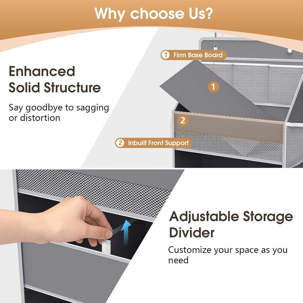 WISELIFE 5-Tier Over The Door Organizer - Heavy-Duty 50LB Storage with 5 Pockets & 13 Mesh Pockets | Gray