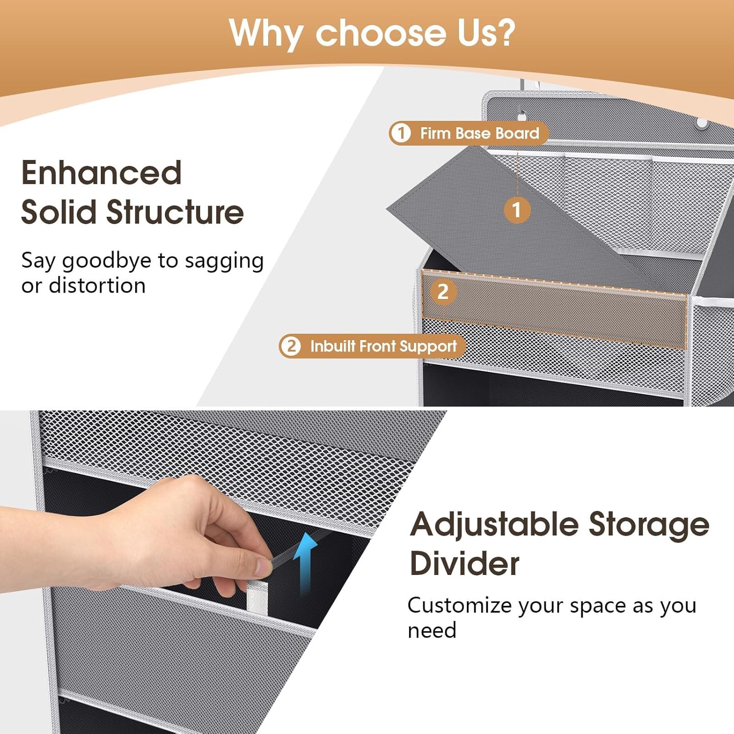 WISELIFE 5-Tier Over The Door Organizer - Heavy-Duty 50LB Storage with 5 Pockets & 13 Mesh Pockets | Gray