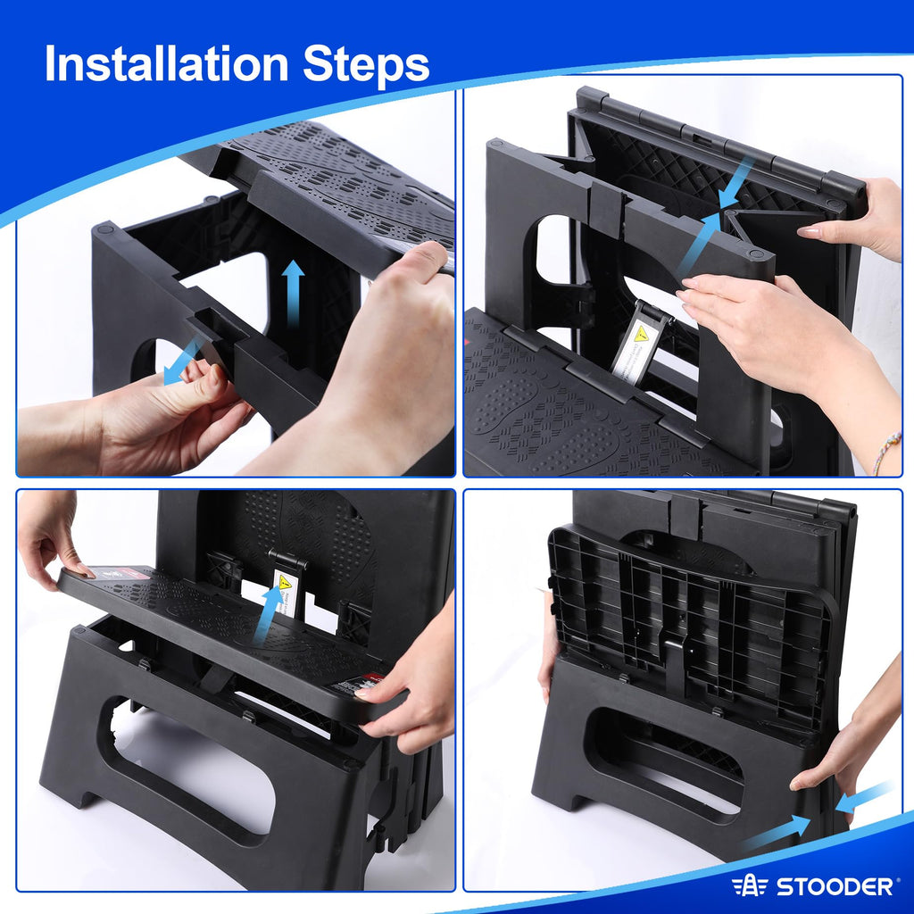 STOODER Folding 2-Step Stool - Upgraded Stable A-Frame, Safety Lock, Anti-Slip Rubber Feet, 300lb Capacity, No Assembly - 8" 17" Step Stools for Kitchen, Bathroom, Bed, RV, Home, Office (Black)