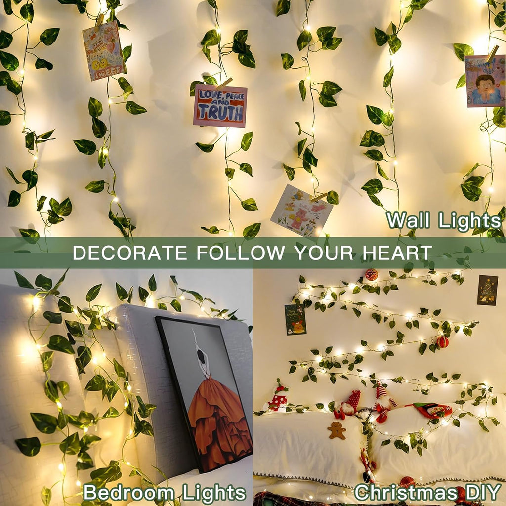 Suddus Artificial Pothos Vines with Fairy Lights - Battery Operated Leaf Decor for Bedroom, Garden & Events