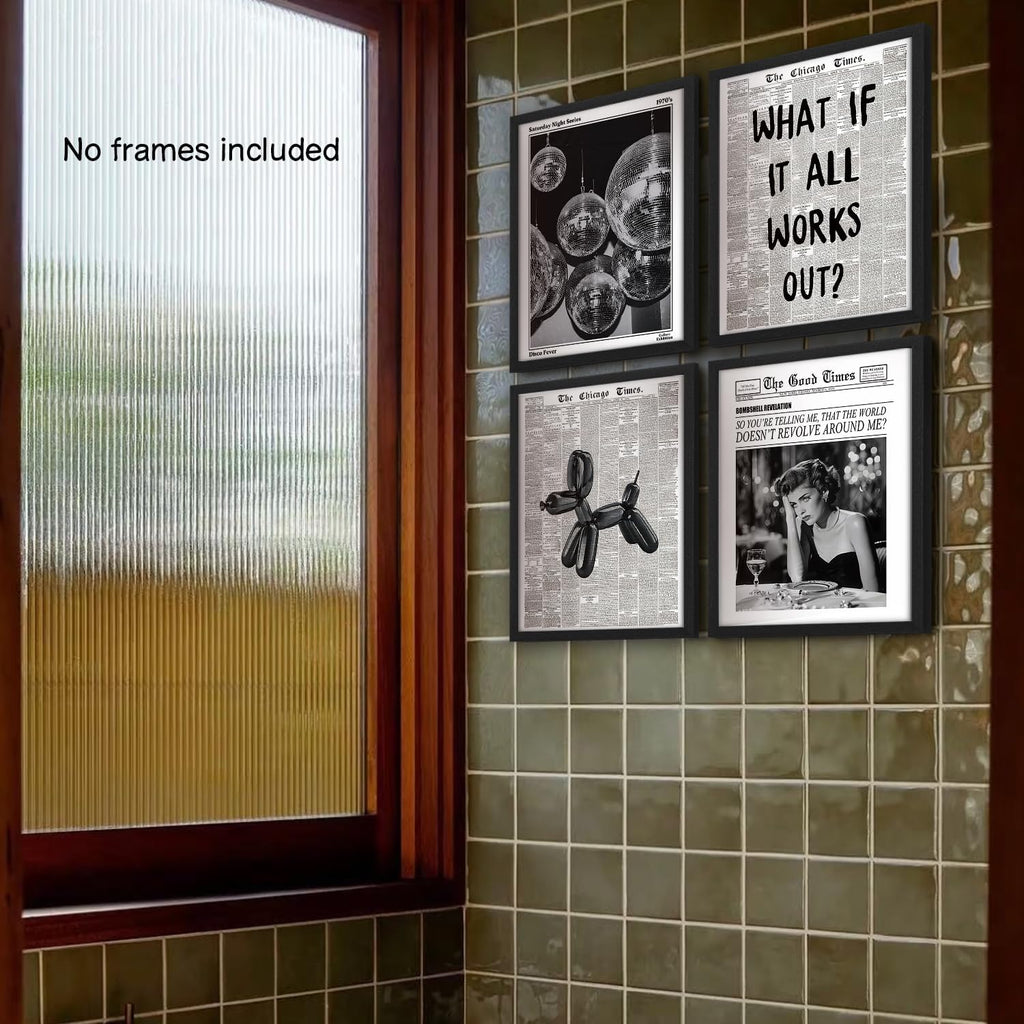 NaZaUK Funky Retro Y2K Wall Art - Black & White Newspaper Prints Set of 4 for Trendy Bedroom Decor | 8x10 Unframed