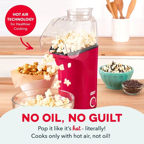 DASH Fresh Pop Popcorn Maker - Oil-Free Air Popper with Measuring Cup & Recipe Guide | 16 Cups, Red
