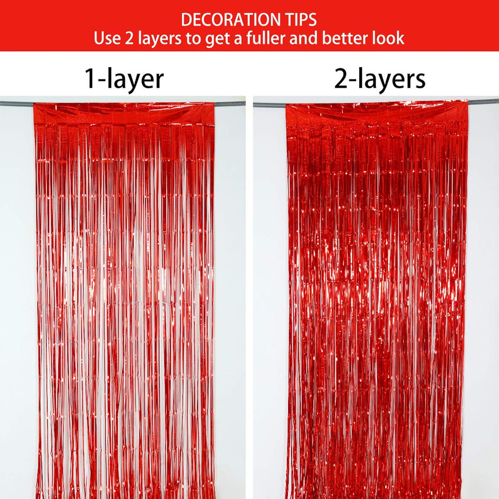 Red Foil Fringe Curtain - Shiny Tinsel Backdrop for Birthday Parties | 3 Pack, 3.2 x 8.2 ft